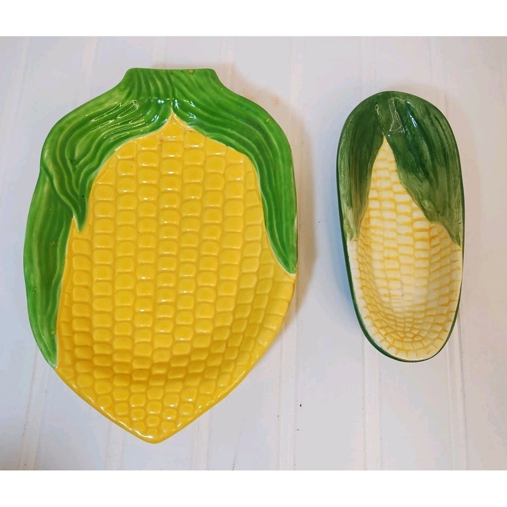 Lot of 2 Art Ceramic Vegetable Serving Majolica Corn Plate Dish MCM Farmhouse